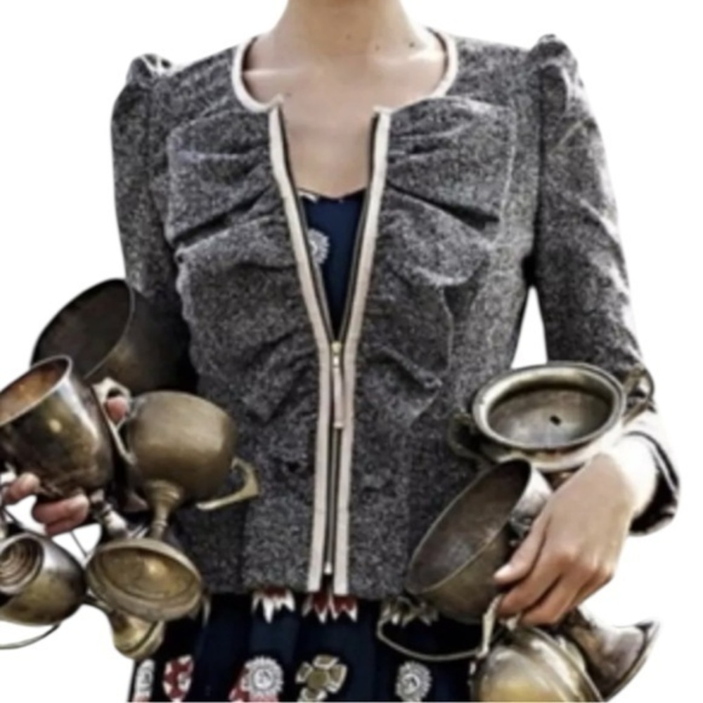 Elevenses Anthropologie Women’s 2 Gray Tweed Peplum Ruffle Front Zip Up Jacket